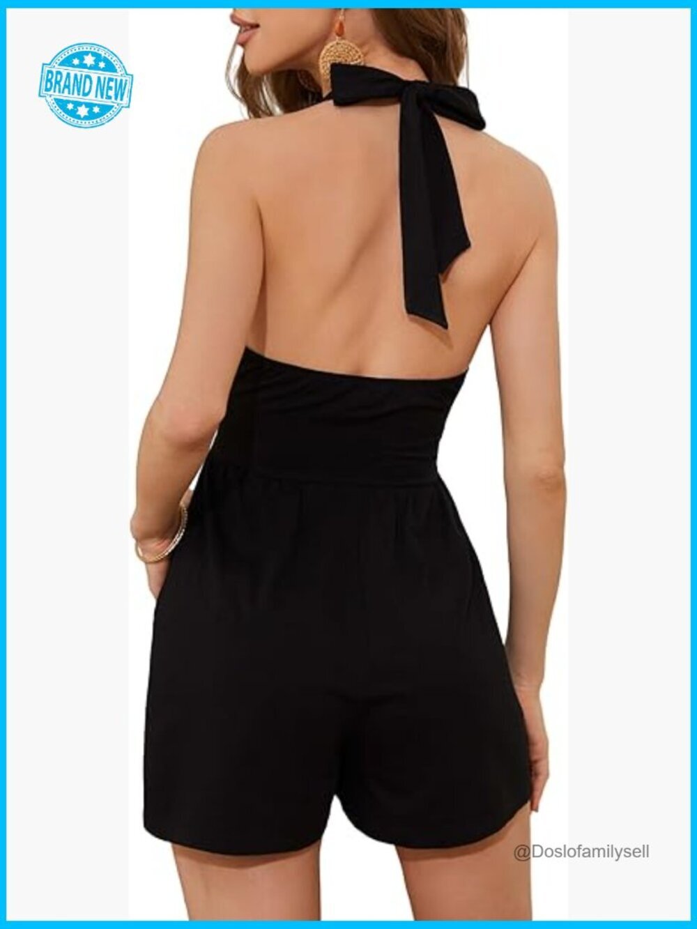 Short Romper with Pockets, Halter V-Neck Backless Dressy Casual Summer